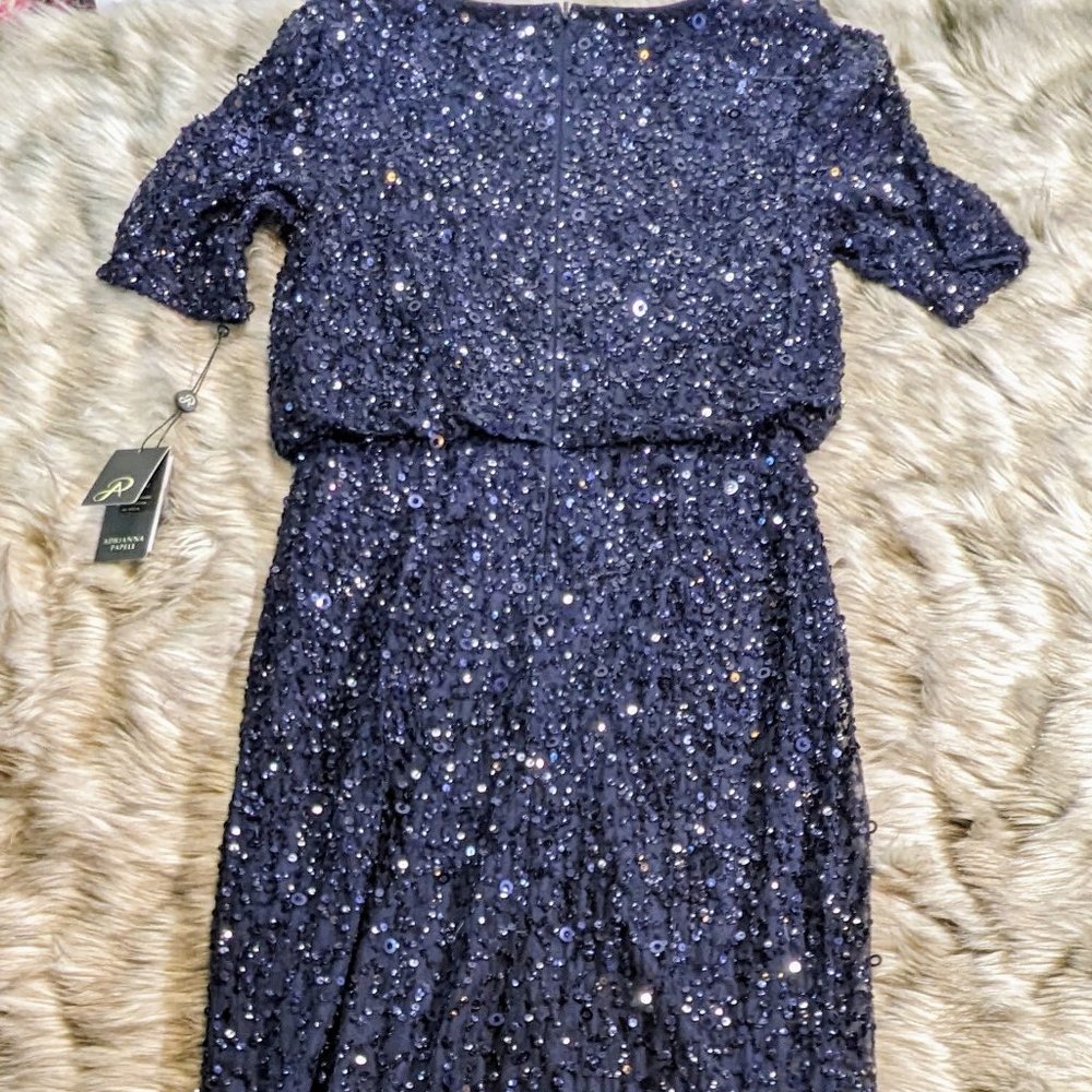NWT Adrianna Papell All Over Sequin Short Sleeve Blouson Gown with Leg Slit